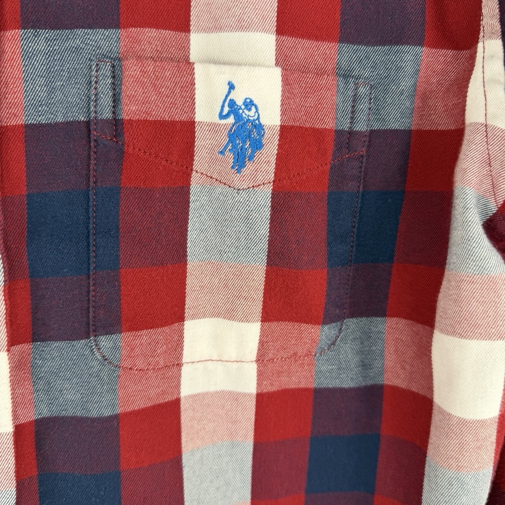 Us Polo Asso Shirt Boys Size 18 Red Blue Plaid Flannel Classic Fit Pocket Preppy - Picture 5 of 11